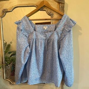 J. Crew Blue and White Ruffled 3/4 Sleeve Blouse